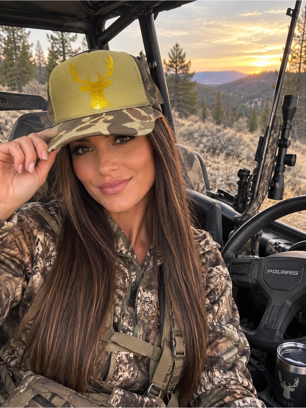 Camo Trucker Hat with Gold Deer Accent - Olive/Gold